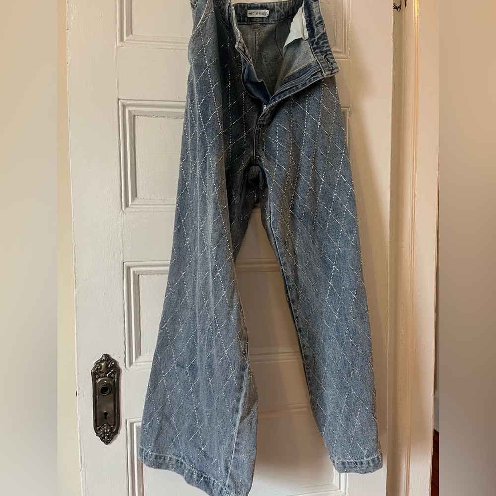 Avec Les Filles Rhinestone Wide Leg High Waisted Jean, Size 31